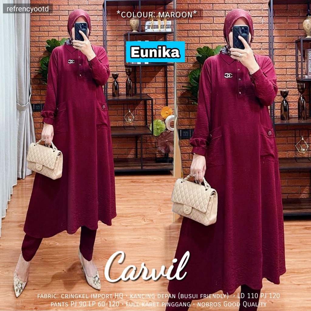 CARVIL ONE SET BY EUNIKA - CARVILA SET EUNIKA- REGINA ONESET BY EUNIKA - SET LONG TUNIK DAN CELANA WANITA - SET PAKAIAN MUSLIM WANITA-MAROON