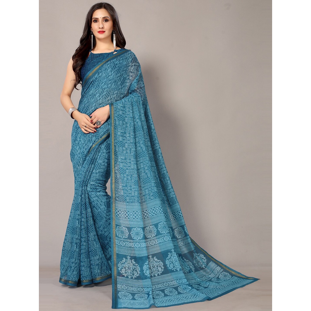 Kain Saree India HRITIKA Warna Biru & Gold-Toned Floral Zari Block Print Saree / Dress India / Anark