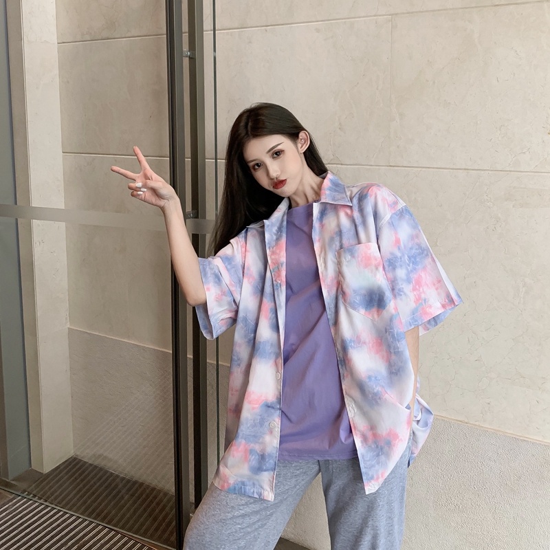 kemeja sifon kasual retro tie-dye fashion wanita korea lengan panjang