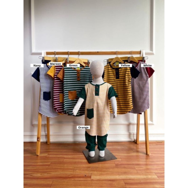 Set Kurta Stripe Pocket Button/ Kaos Anak Set Laki-laki