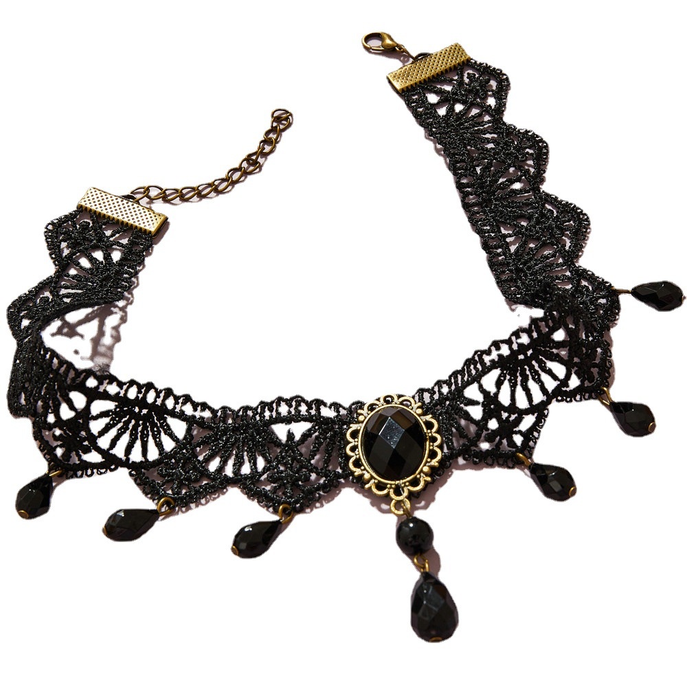 2022 Kalung Choker Lace Hitam Hias Kristal Gaya Gothic Victoria Retro Vintage Untuk Wanita