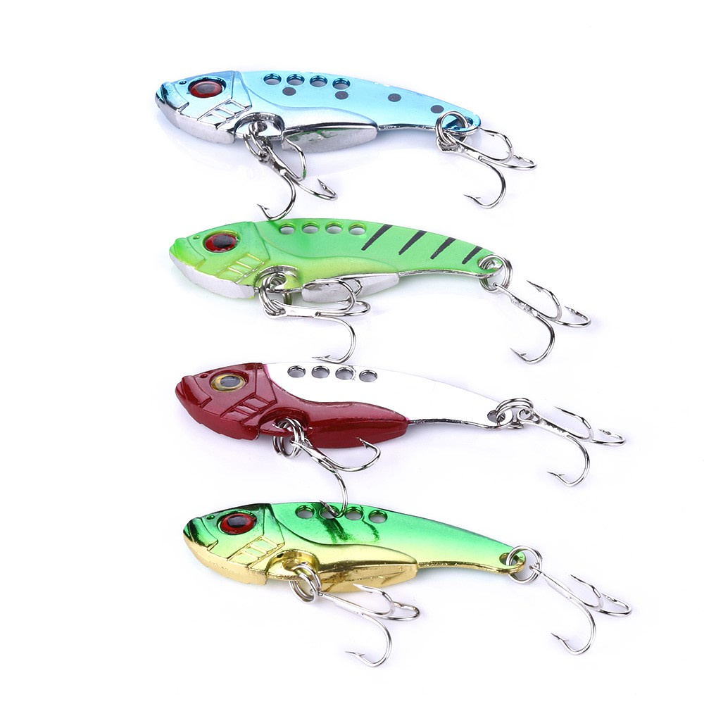 HENGJIA 4PCS Metal VIB Sequins Lure 5.5cm 11g 3D Eyes Umpan Spoon Spinner Blade Fishing Lure Hard Bait Fishing Tackle with Hook