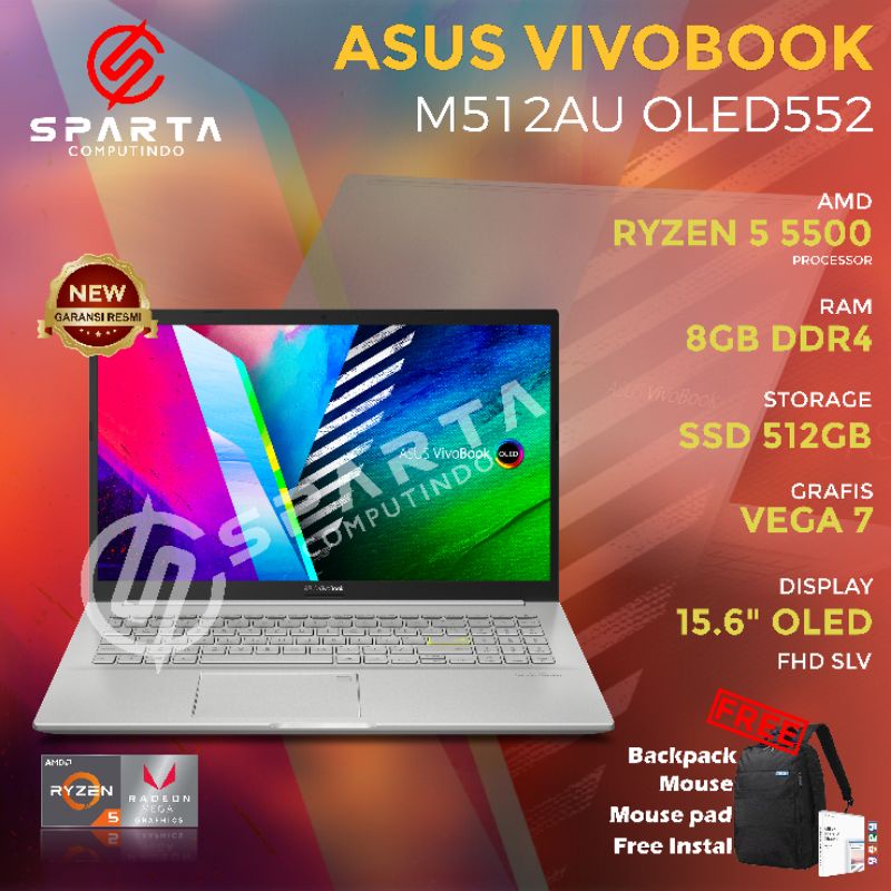 Laptop Asus Vivobook M512AU OLED552 AMD Ryzen 5 Ram 8 GB SSD 512 GB Vega 7 Win 10 New Garansi resmi