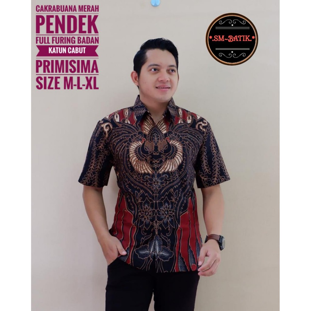 CAKRABUANA MERAH Kemeja Batik Pria Lengan Pendek Katun Halus FULL FURING SM Batik