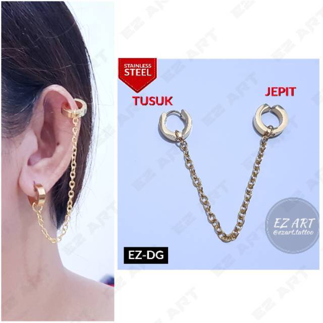 1Pc Model EZ-DG Emas Gold Anting Double Ganda utk Pria dan Wanita Jepit Tusuk Sambung Rantai