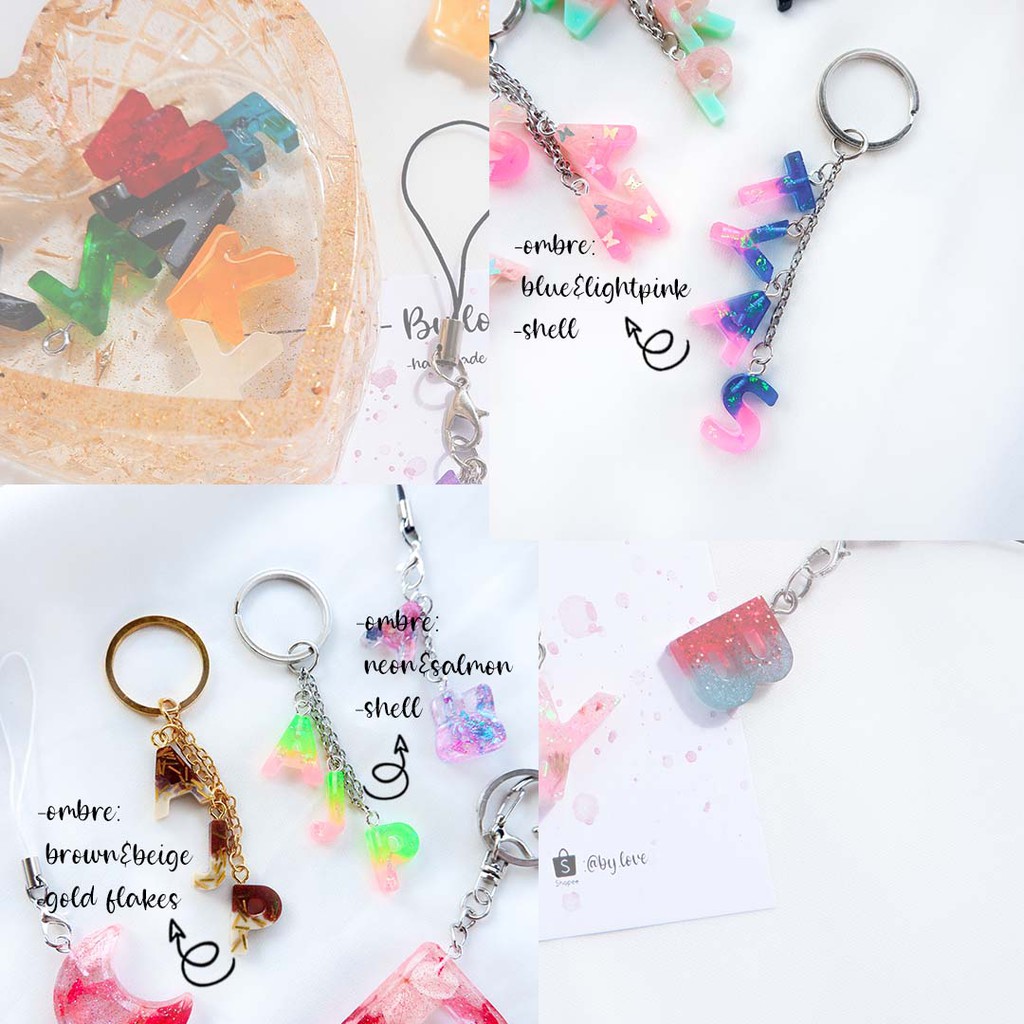 (OMBRE)GANTUNGAN KUNCI CUSTOM INITIALS KEYCHAIN RESIN ALPHABET KECIL