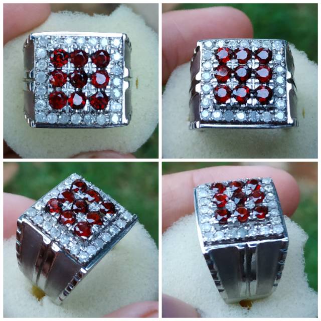 Red Garnet + Berlian Ring Perak