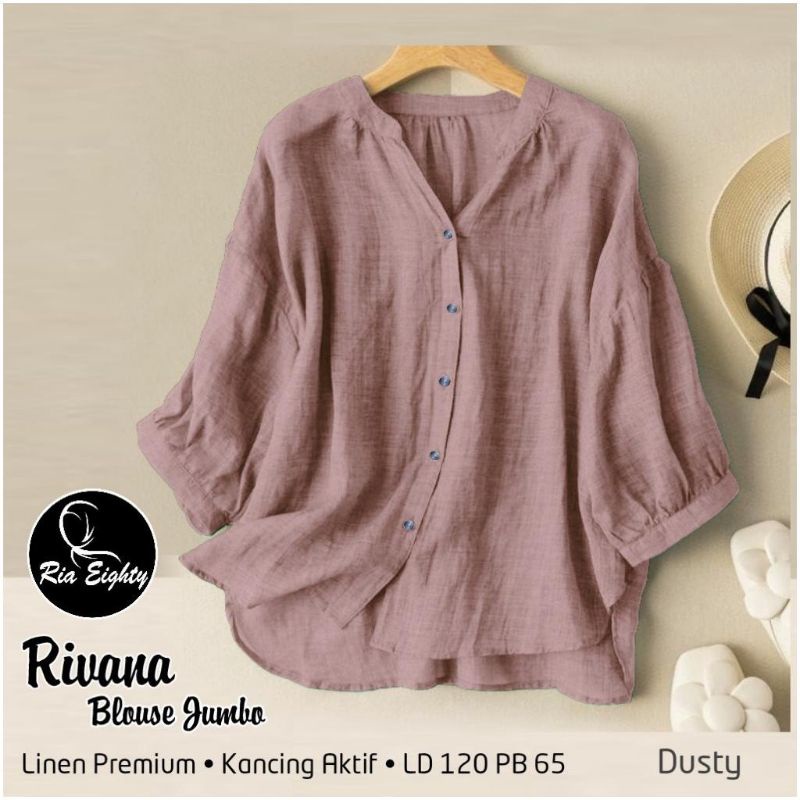 Rivana Kemeja Polos Linen Kerah Sanghai Baju Atasan Wanita Korean LD 120 Lengan 3/4