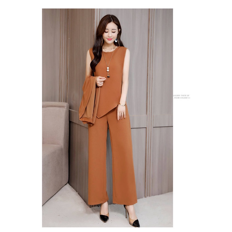 One Set 3Pcs Setelan Wanita Longgar Kasual Katun Jaket Mantel Lengan Panjang + Rompi + Celana Wide Leg Stelan