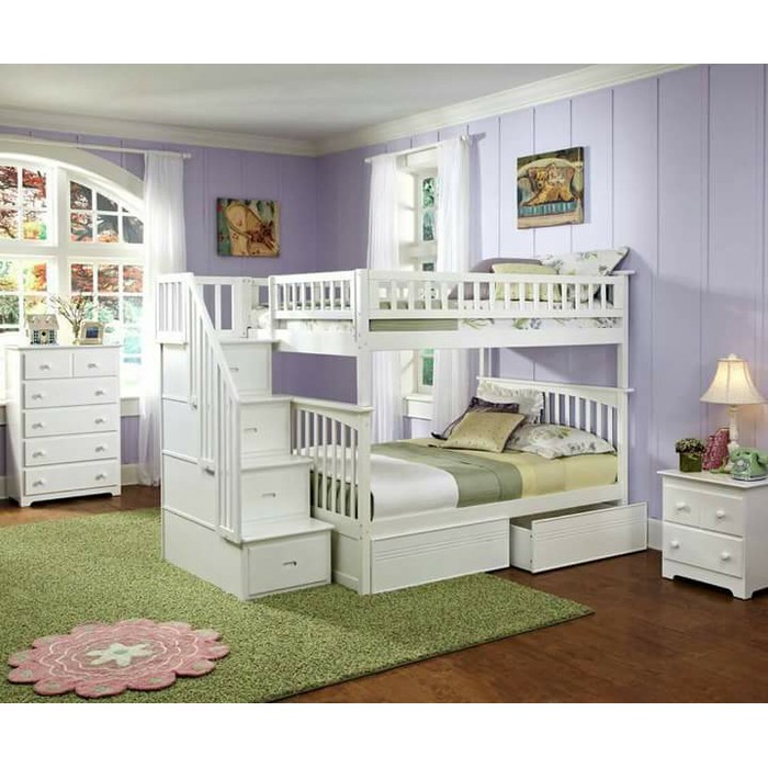 Set Kamar Dipan Tingkat & Nakas Cat Duco White Mebel Jati Jepara