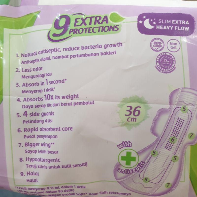 Softex Daun Sirih18 Pad Slim Heavy Flow 36cm + Antiseptic / Pembalut Wanita Ekstrak Daun Sirih 18 Pad