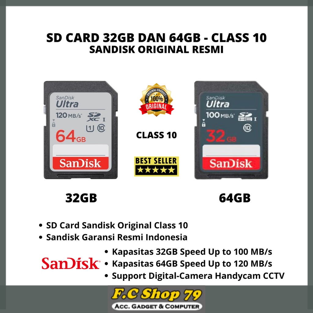 TERLARIS Kartu Memory SD Card Card 16GB 32GB 64GB Tipe Class 10 Support Untuk Kamera CCTV Handycam C