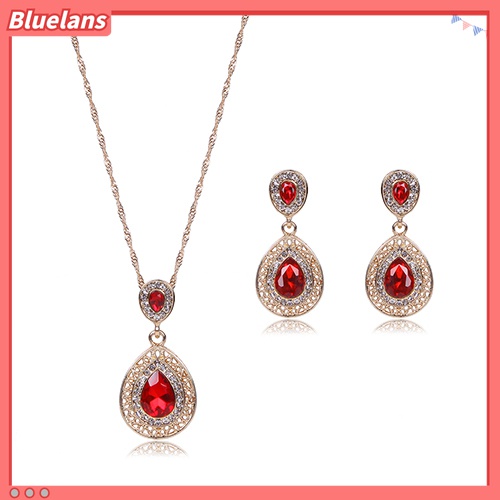 Set Perhiasan Kalung Dan Anting Bentuk Oval Aksen Berlian Imitasi Untuk Wanita