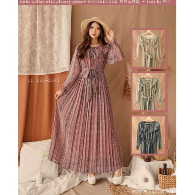 Gamis ceruty Maxi Plisket Vintage shabby Koreana Bangkok BKK Yuna 185-2347  Premium