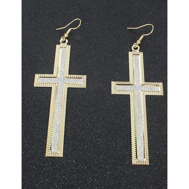 LRC Anting Gantung Fashion Golden Geometric Cross Frosted Alloy Earrings K44347