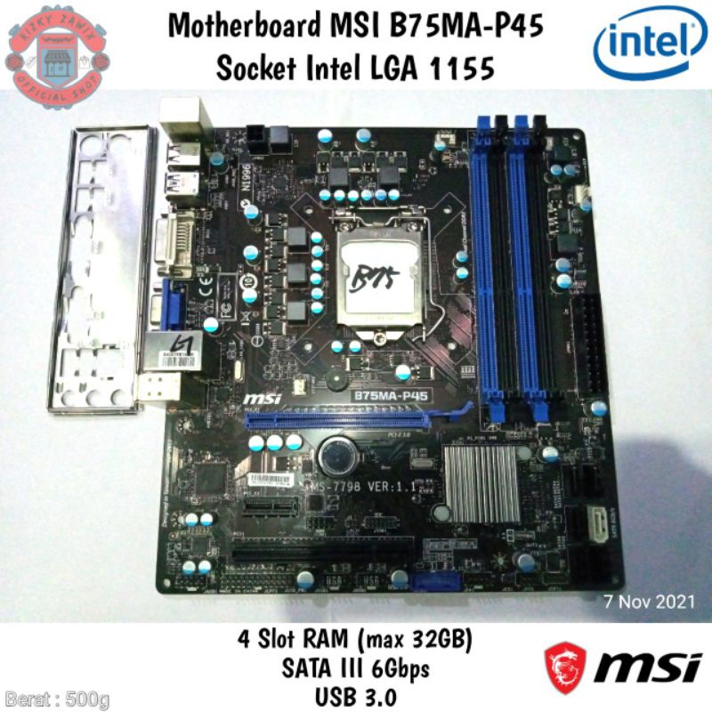 Motherboard MSI B75MA-P45 Socket Intel LGA 1155 • 4 Slot RAM DDR3 USB 3.0 SATA III 6Gbps Mobo Mainbo