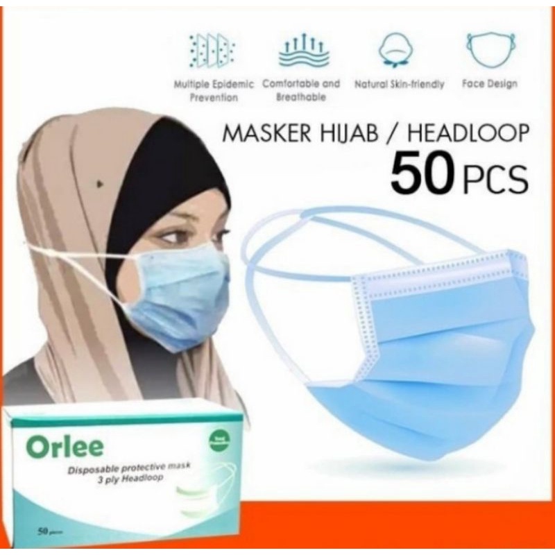 MASKER HIJAB 3PLY 50PCS/MASKER HEADLOOP 3 PLY 50PCS/MASKER ORLEE HIJAB/MASKER ORLEE HEADLOOP