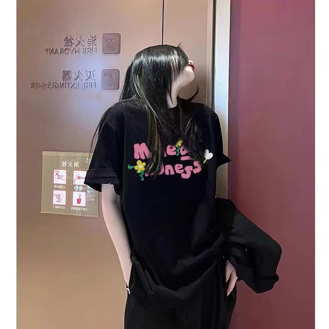 baju kaos wanita/korean style letters graphic printing lengan pendek hitam kaos