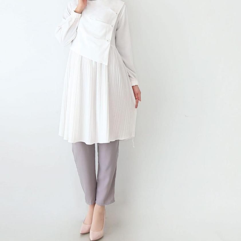L M N 0545 Atasan Tunik Tunic Broken White Putih Tulang Kombinasi Plisket Variasi Pita Size L M Shopee Indonesia