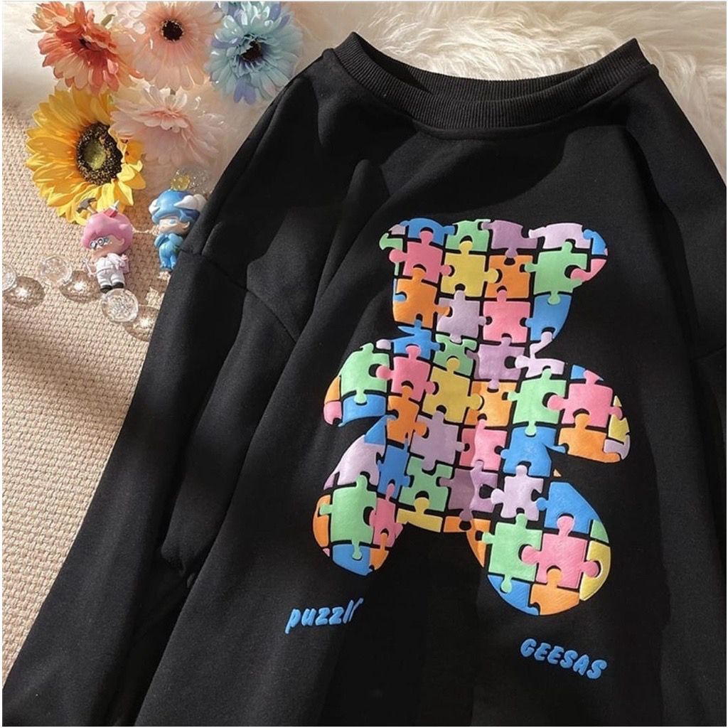 Puzzle bear sweater fleece warna warni