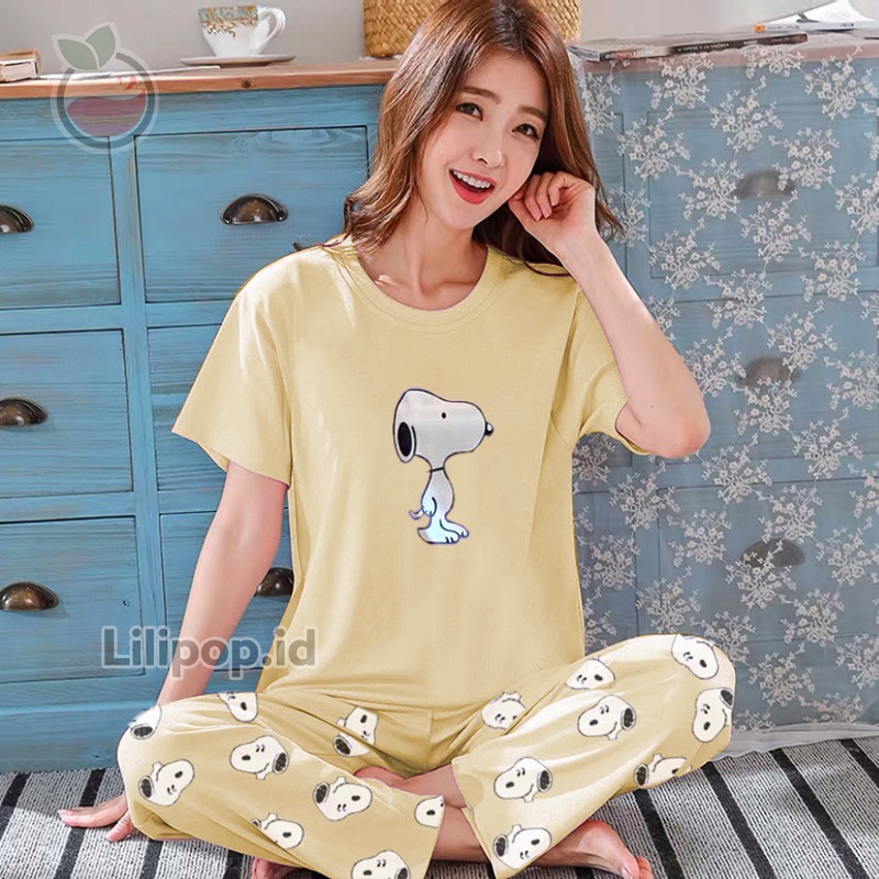 Lilipop.id  Baju Tidur Wanita CP Snoopy Setelan Piyama BabyDoll Kaos Celana Panjang