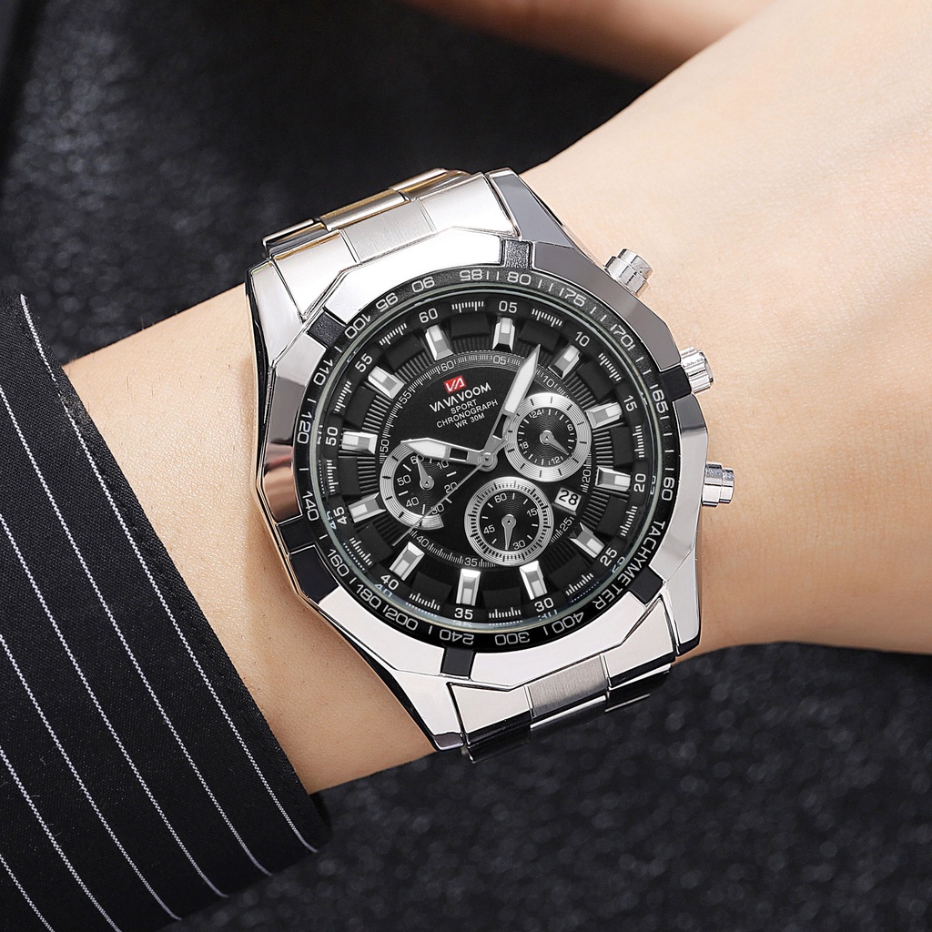 VaVa Voom 2382 Jam Tangan Pria Luxury Full Steel Sport Baja Tahan Karat Analog Mewah Kuarsa Original Tahan Air Stainless Steel Keren Fashion Watch Quartz + Kotak Gratis