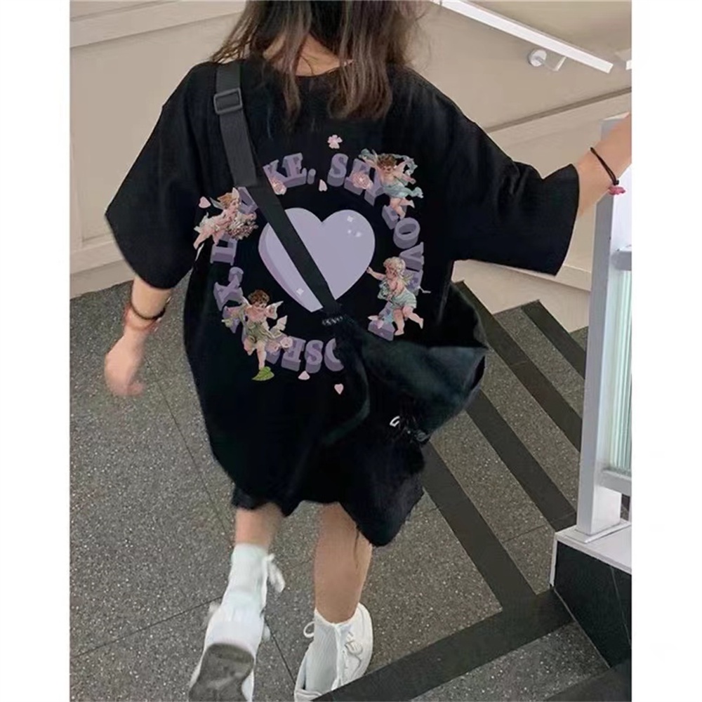 Printed T-shirt /kaos atasan baggy wanita/ baggy T-shirt hitam/Versi Korea dari crop top katun all-match baru/baju oversize wanita murah