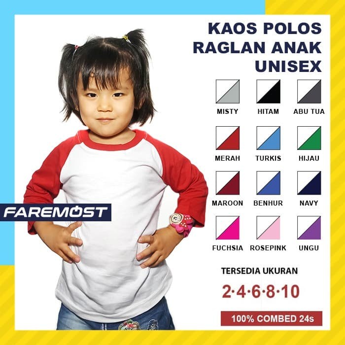 Faremost Kaos Polos Anak Perempuan Raglan Lengan 3/4 PUTIH -warna - 2 Ungu Import murah realpict