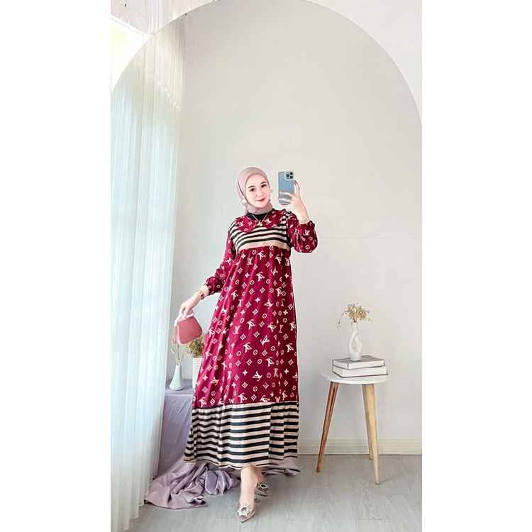 Midi Dress Wanita Kekinian Rempel Susun Gamis Bahan Katun Rayon Premium Daily Dress Jumbo Busui Terb