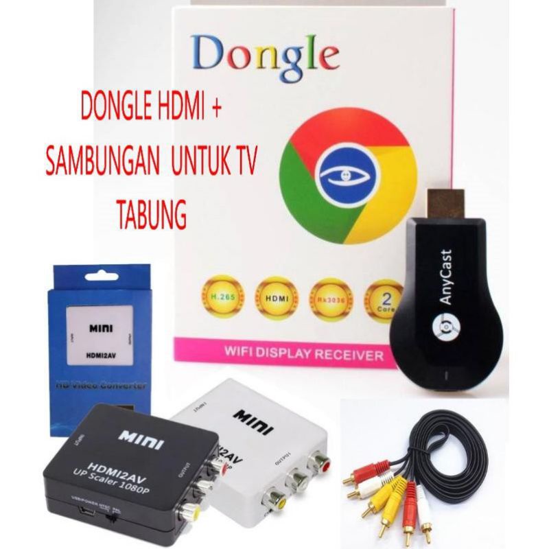PAKET HDMI DONGLE + HDMI TO AV RCA + KABLE RCA CONVERTOR DARI HP KE TV