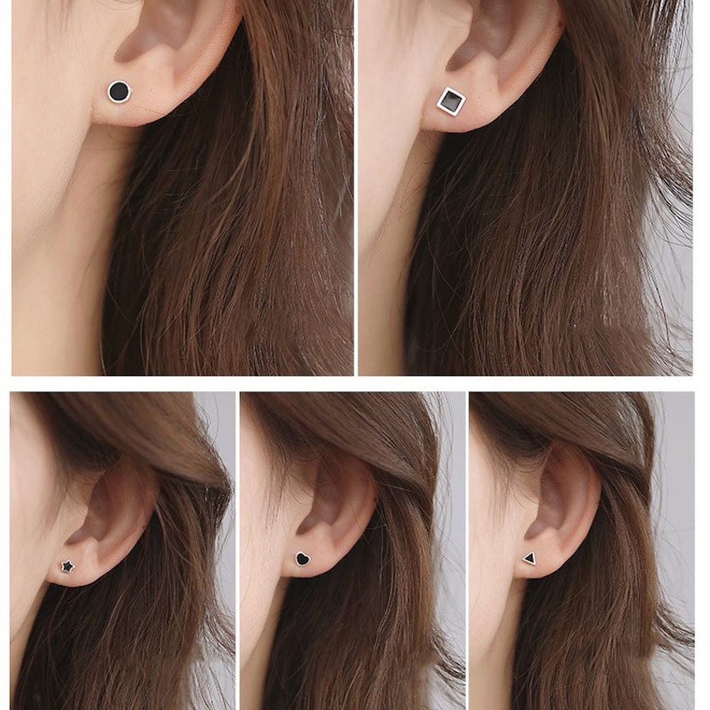 Geometric Ear Stud Earrings Female S925 Black Love Simple Pierced Earring Fashion Temperament