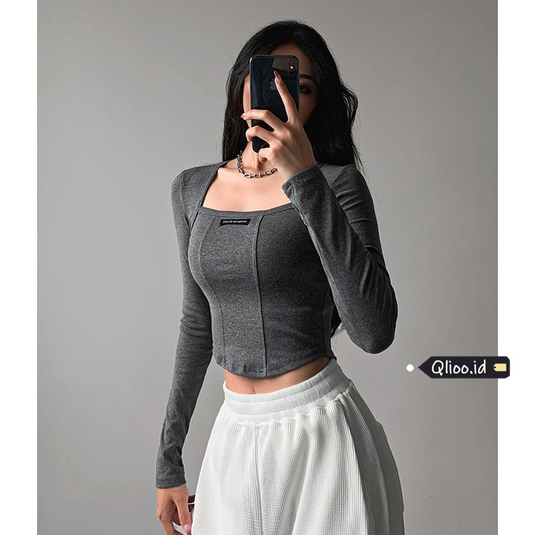 Kaos Lengan Panjang Wanita Atasan Crop Top Korean Style