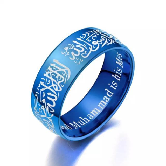 8mm Cincin Tauhid Muslim Pria Wanita Anti Karat Warna Emas Biru Silver Hitam Islami Kaligrafi Hadiah-Biru