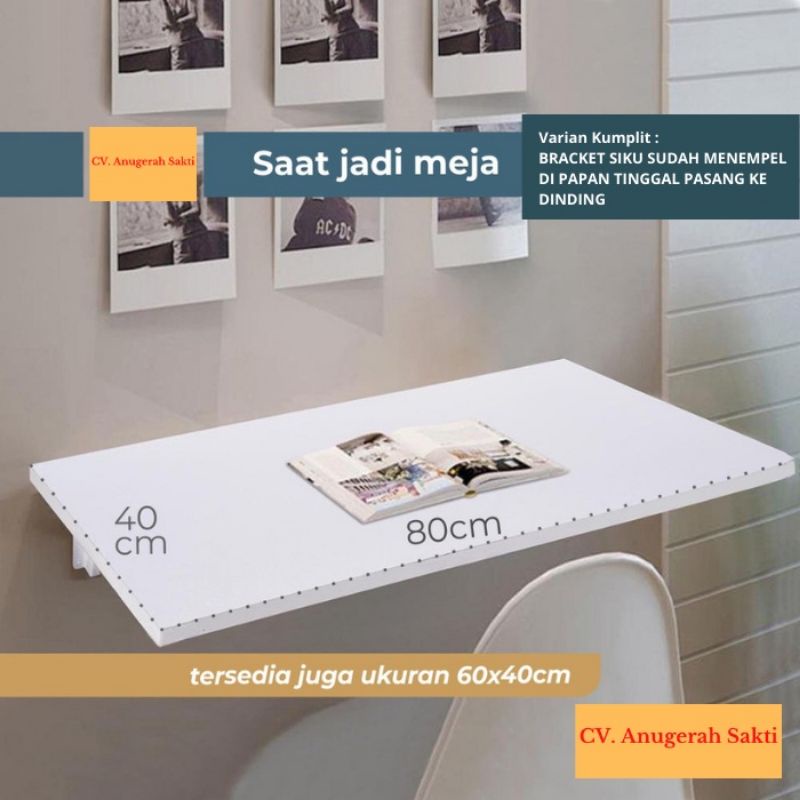 Custom 1 Set Meja Siku Lipat Dinding 80 x 40 CM Dengan 3pcs Bracket Besi yg Sudah Terpasang DiPapan 