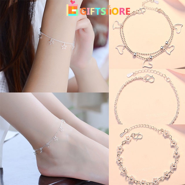Gelang 925 Perak Berbentuk Hati Rantai Gelang Bunga Bintang Liontin Korea Fashion Gelang Wanita Hadi