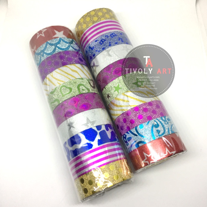 

Dijual Isolasi Glitter Motif / Selotip Kreasi Isi 10 Roll Bagus