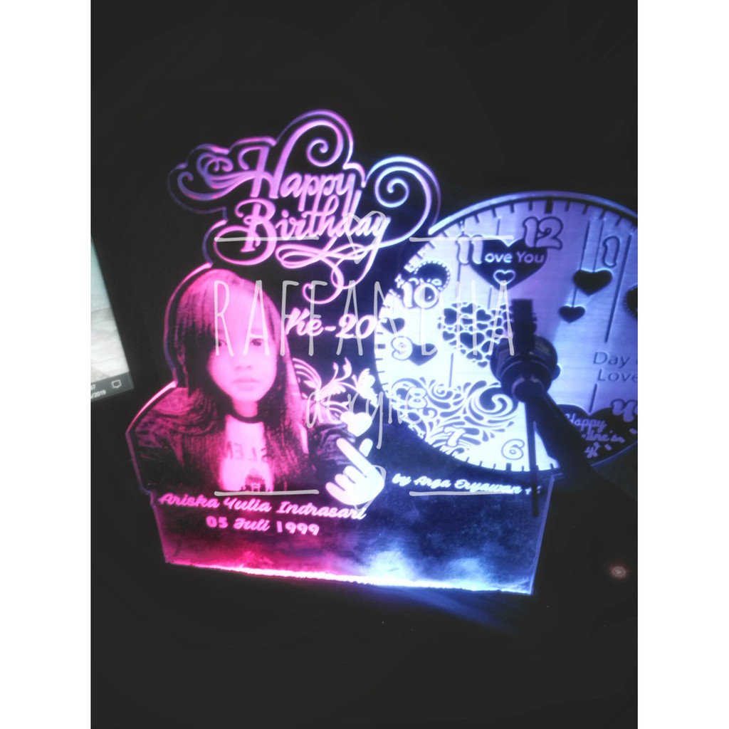 lampu akrilik foto+jam happy birthday
