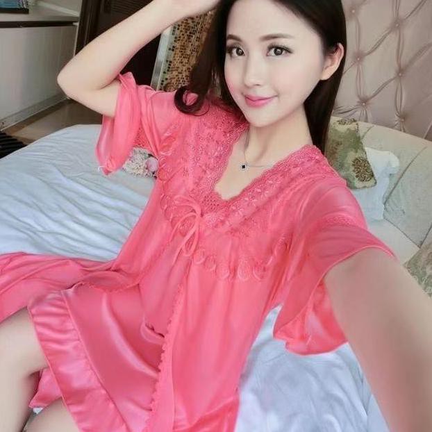 Promo Kimono Baju Tidur Wanita Dewasa Set 2 In1 Bahan Satin Import Chase 010 - Biru Muda Berkualitas