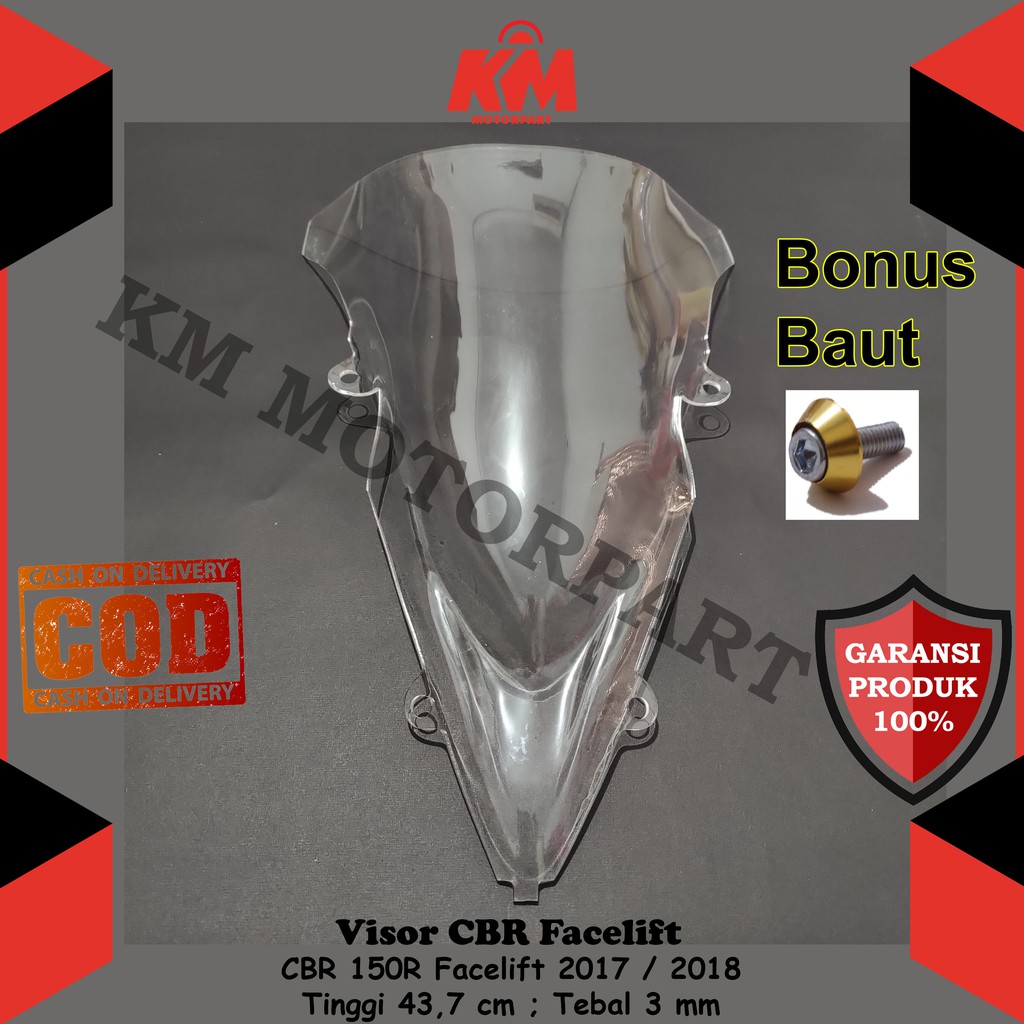 Visor CBR 150r Facelift 2017 2018 Jenong Tebal 3 mm Tinggi 44 cm Hitam dan Bening