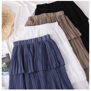 Rok Panjang Model High Waist Lipit Warna Polos untuk 