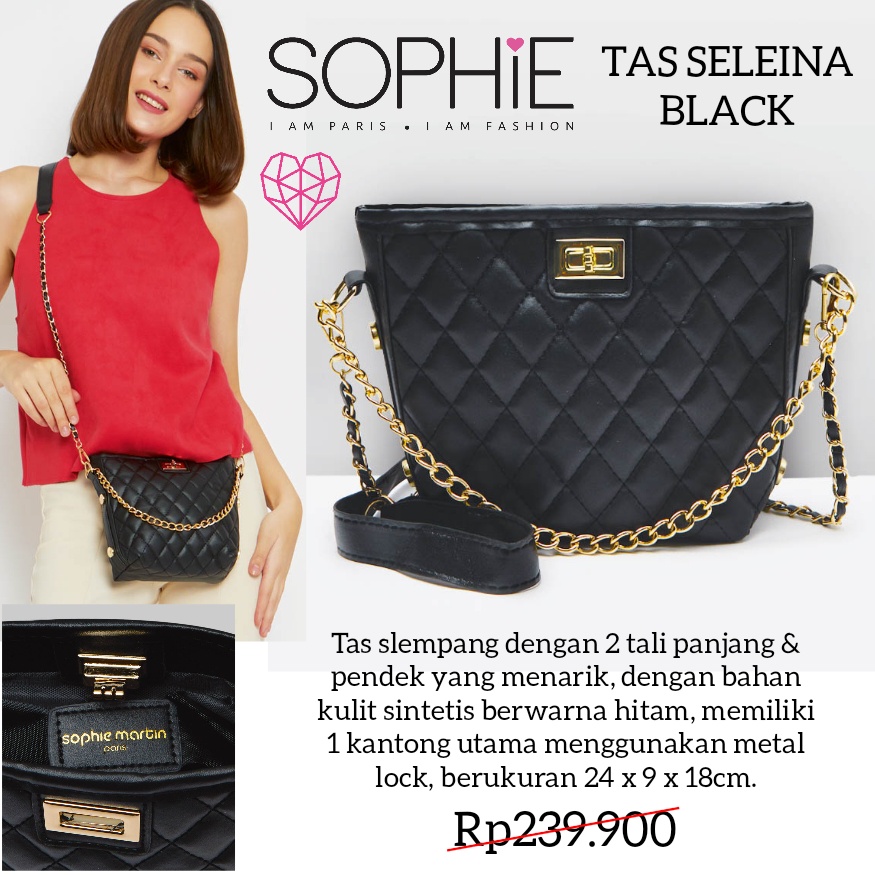 TAS SELEINA BLACK SOPHIE MARTIN PARIS TAS HITAM WANITA SELEMPANG RANTAI BLACK BAG BRANDED FASHION