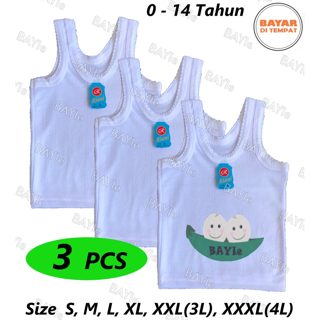 BAYIe - 3 PCS Kaos Dalam/Singlet Bayi/Anak Putih ORIN/RIANI/GAIXIN umur 0-12 tahun S, M, L, XL, 3L