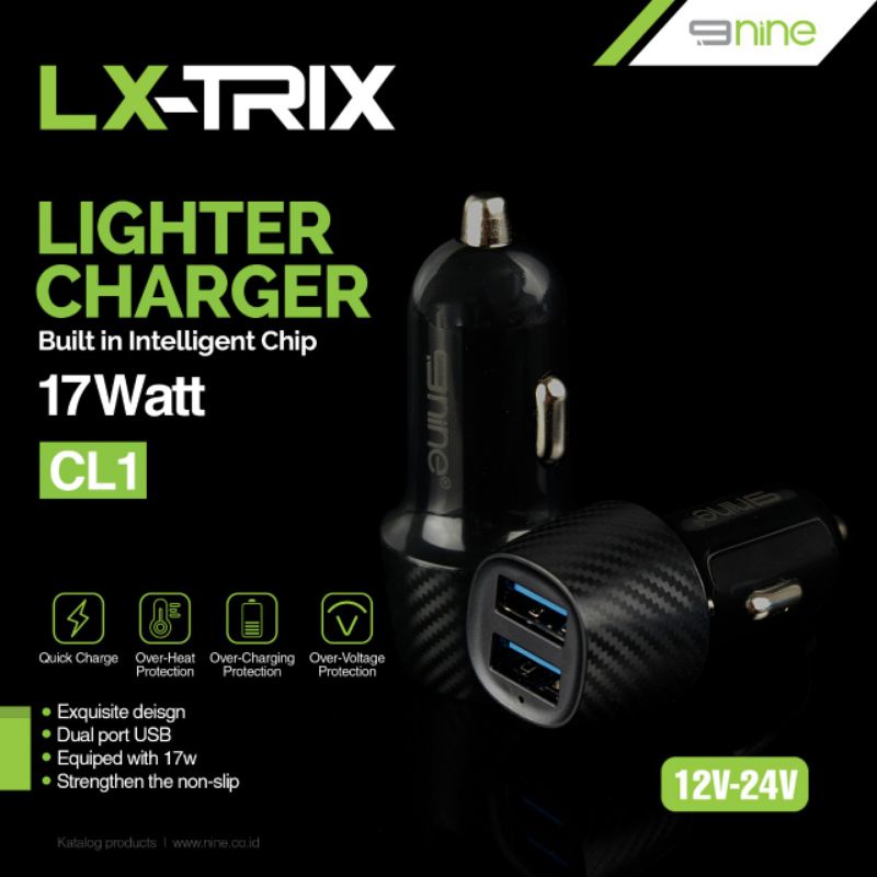 LIGHTER CHARGER CAR DUAL USB + CABLE 3 IN 1 FAST CHARGER 12V-24 V 17 WATT NINE