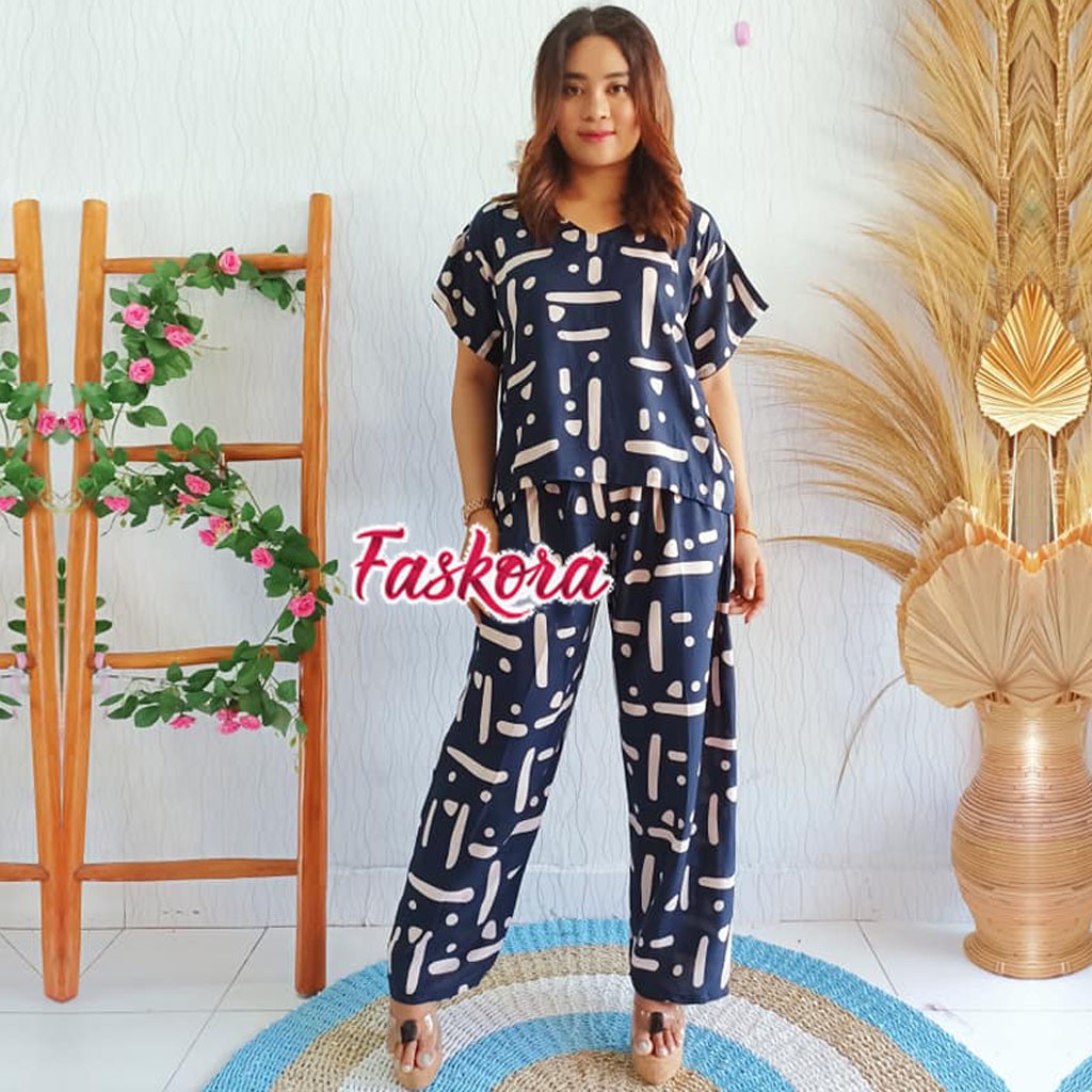 Setelan Rayon Jumbo Lengan Pendek Morse / Piyama Rayon Pendek Wanita / Baju Tidur Setelan Celana