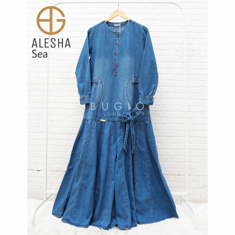 Gamis Bugio Denim Alesha warna sea sky biru muda xxl ld 118