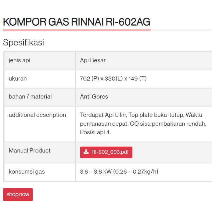 Kompor Gas Rinnai RI 602 AG Api Lilin Anti Gores Plat Buka Tutup Kompor Stainless Rinnai 602 AG RI 602AG