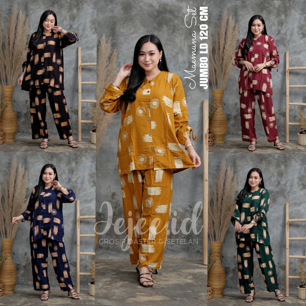 ONE SET RAYON JUMBO LD 120 CM SRI BIG SIZE SETELAN PIYAMA LENGAN PANJANG KANCING