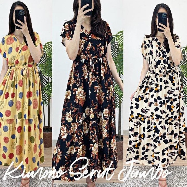 Daster Kimono Panjang Busui 4 Tali Pinggang Rayon Dress Kekinian Kerut Jumbo