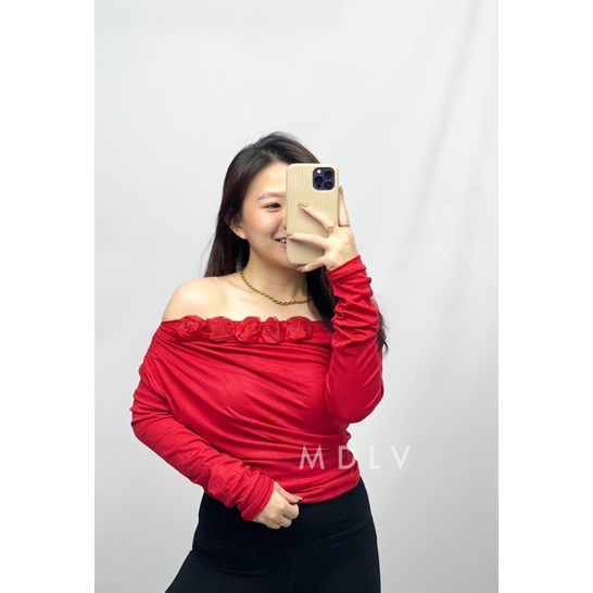 MDLV ~ 5921# Rosemary Asymmetric Off Shoulder Top Sabrina Rose Knit Import