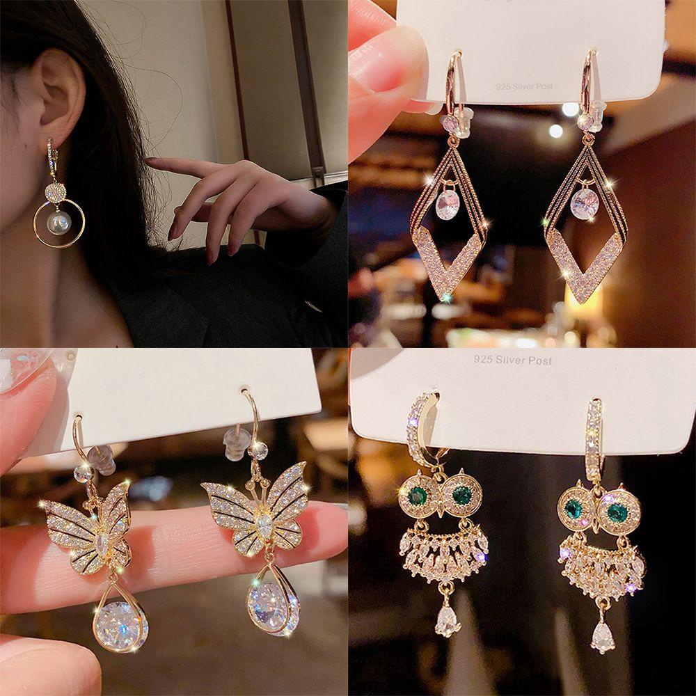 Anting Stud Desain Butterfly Owl Aksen Mutiara Imitasi Bahan Zircon Gaya Korea Untuk Wanita